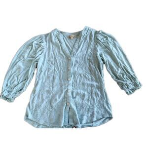 Democracy Women's Size Small Shirt Blouse Green Embroidered Ruffle Gathered EUC